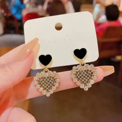 Crystal Rhinestone Black Heart Shaped Dangle Earrings