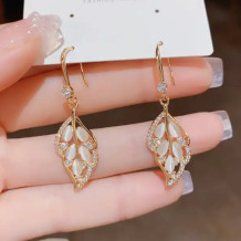Opal Elegant Leaf Gold-plated Long Earrings